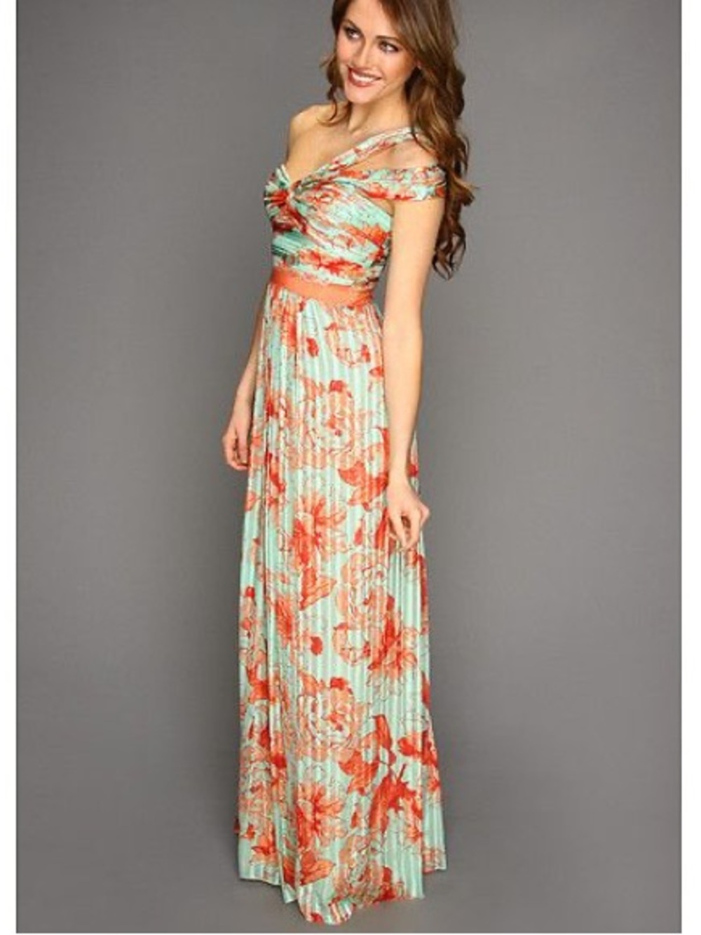BCBGMaxazria 12 Green & Orange Floral 100% Silk One Shoulder Maxi Formal Dress